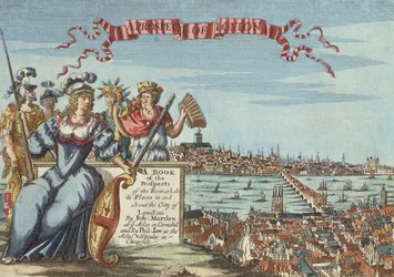 Eine Aussicht auf London, Frontispiz aus Ein Buch der Aussichten der bemerkenswerten Orte in und um die Stadt London, ca. 1700